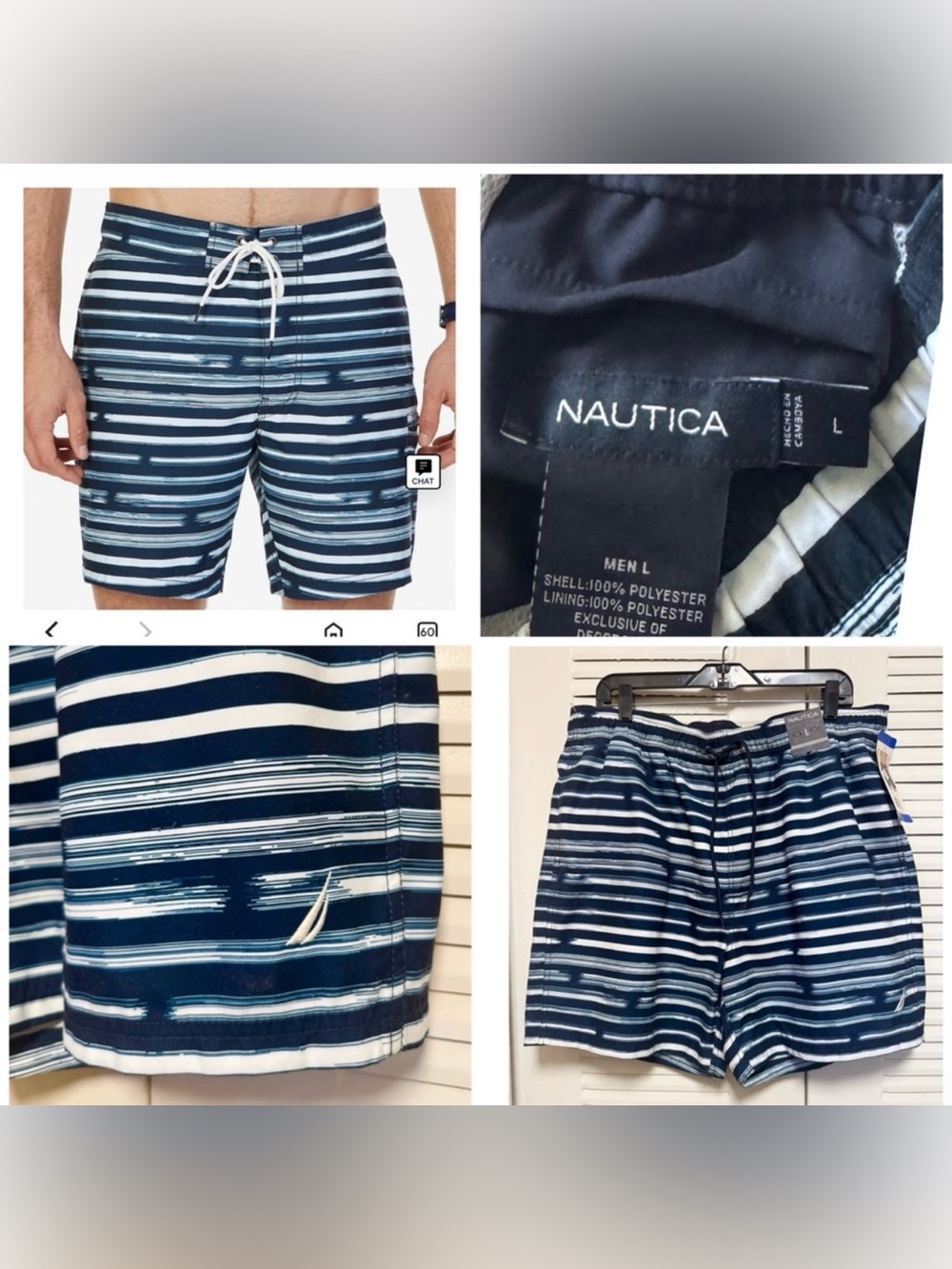 NWT NAUTICA Quick Dry Striped Swim Trunk Blue White Size Large Classic Swimwear